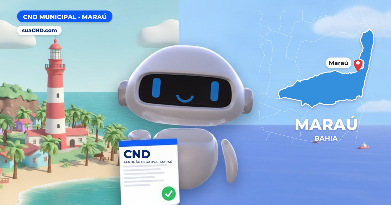 Mascote da suaCND segurando a CND Municipal de Maraú, com o mapa de Maraú e Farol de Taipu, na Península de Maraú (BA) ao fundo