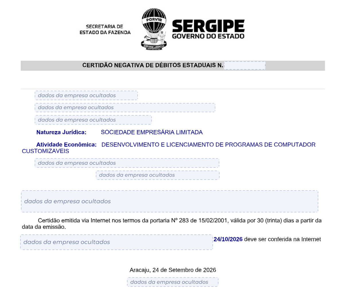 Modelo de Certidão Negativa de Débitos estaduais de Sergipe, com os dados da empresa ocultados