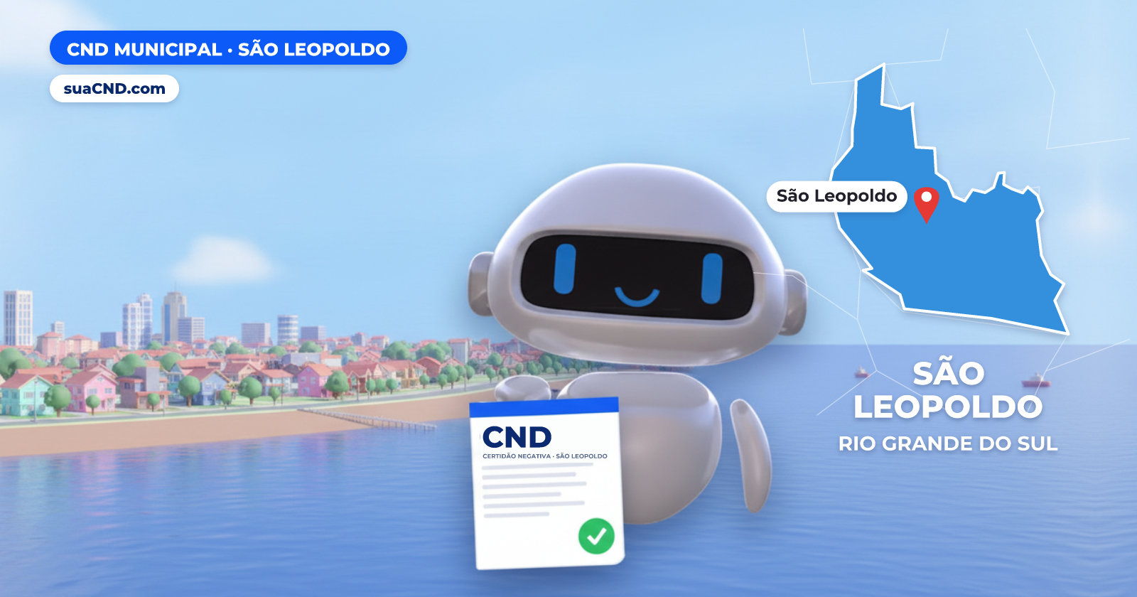 Mascote da suaCND segurando a CND Municipal de São Leopoldo, com o mapa de São Leopoldo e Rio dos Sinos, em São Leopoldo (RS) ao fundo