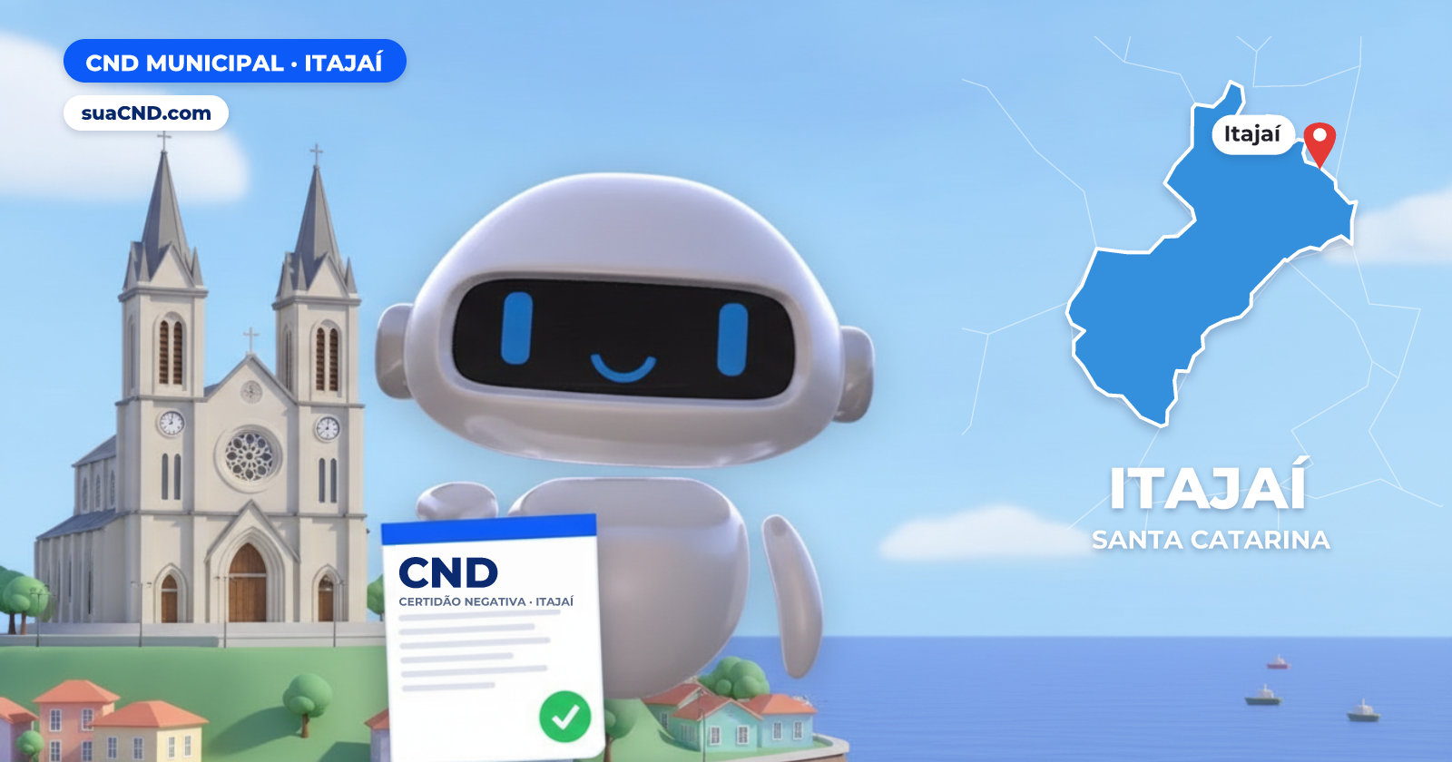 Mascote da suaCND segurando a CND Municipal de Itajaí, com o mapa de Itajaí e Igreja Matriz do Santíssimo Sacramento, cartão-postal de Itajaí (SC) ao fundo