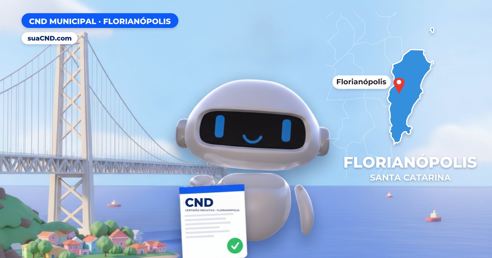 Mascote da suaCND segurando a CND Municipal de Florianópolis, com o mapa de Florianópolis e Ponte Hercílio Luz, em Florianópolis ao fundo