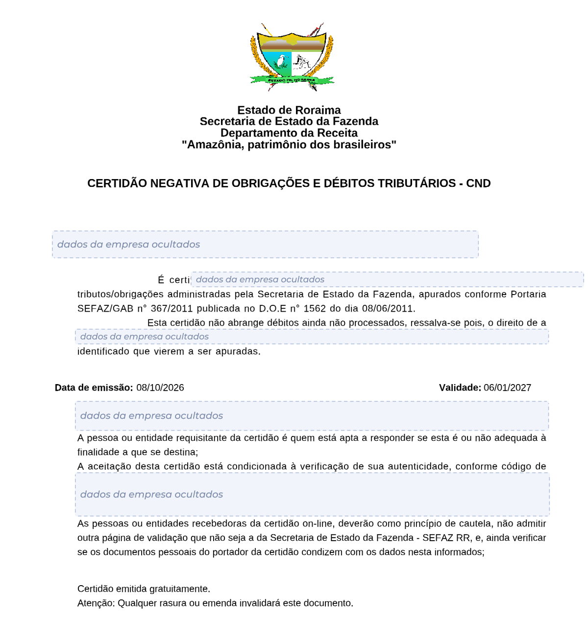 Modelo de Certidão Negativa de Débitos estaduais de Roraima, com os dados da empresa ocultados
