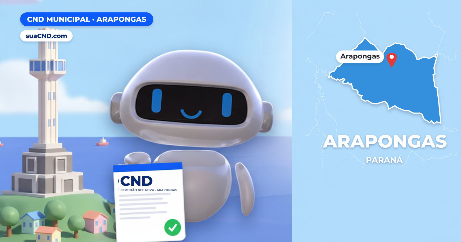 Mascote da suaCND segurando a CND Municipal de Arapongas, com o mapa de Arapongas e Monumento à araponga, na Praça Júlio Junqueira, em Arapongas ao fundo
