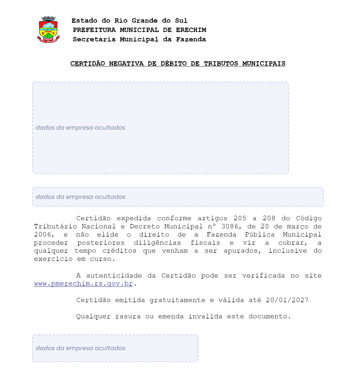 Modelo de Certidão Negativa de Débitos da Prefeitura de Erechim, com os dados da empresa ocultados