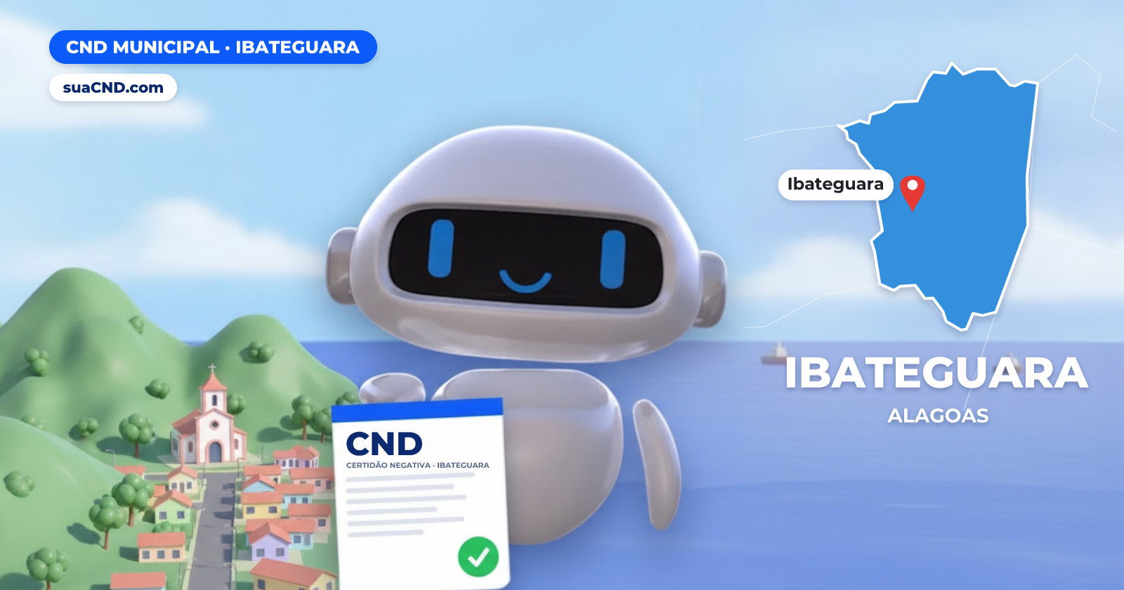 Mascote da suaCND segurando a CND Municipal de Ibateguara, com o mapa de Ibateguara e Serra dos Quilombos e a cidade de Ibateguara (AL) ao fundo