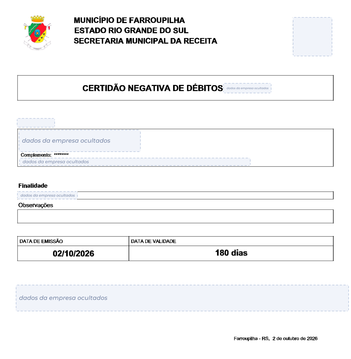 Modelo de Certidão Negativa de Débitos da Prefeitura de Farroupilha, com os dados da empresa ocultados
