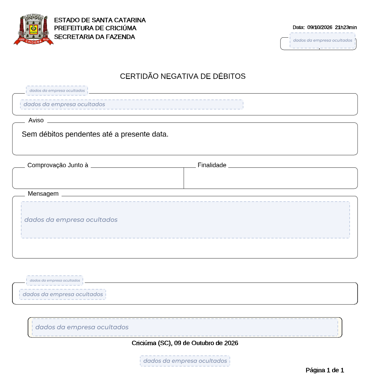 Modelo de Certidão Negativa de Débitos da Prefeitura de Criciúma, com os dados da empresa ocultados