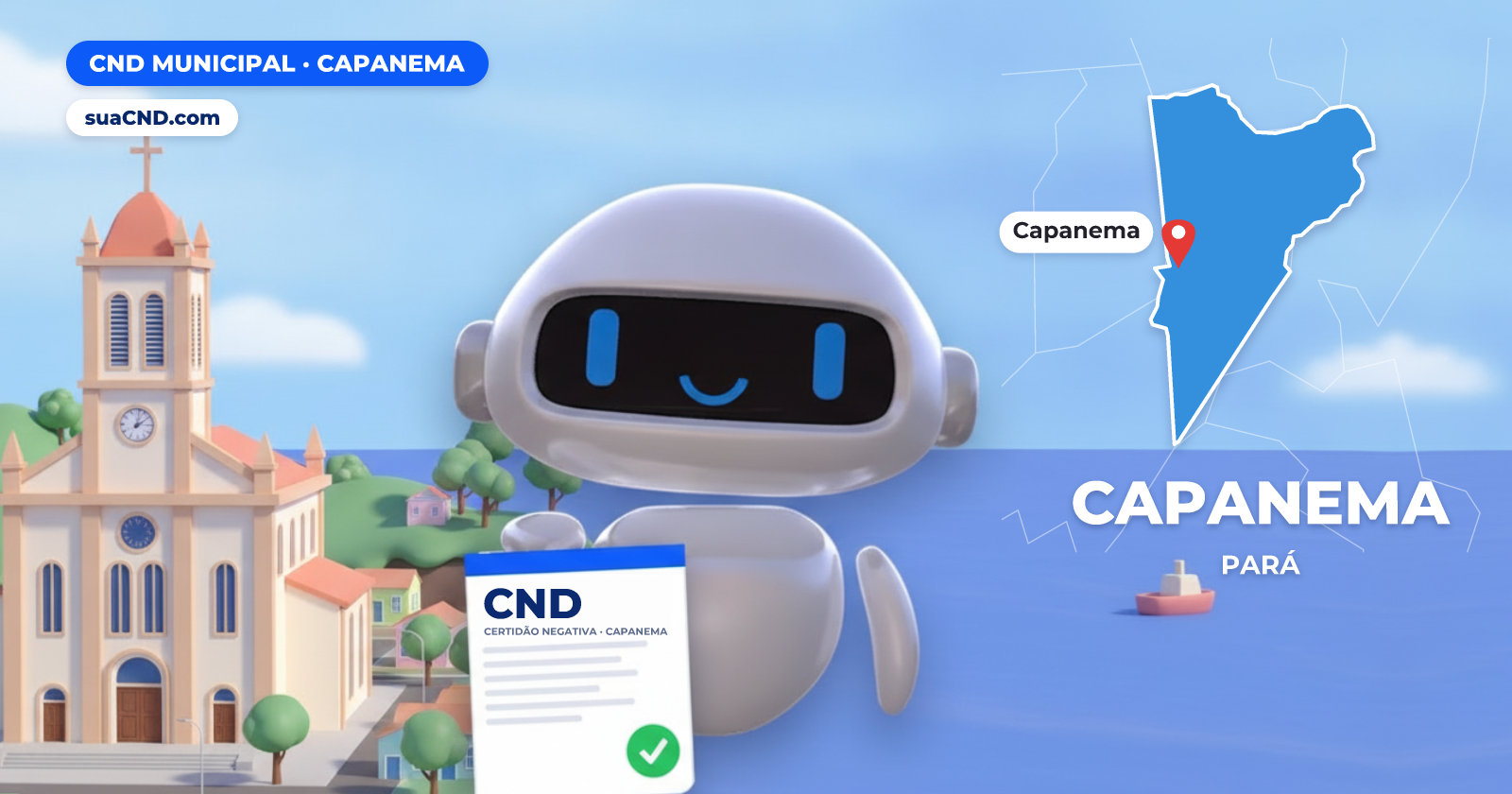 Mascote da suaCND segurando a CND Municipal de Capanema, com o mapa de Capanema e Igreja Matriz de Nossa Senhora do Perpétuo Socorro, em Capanema (PA) ao fundo