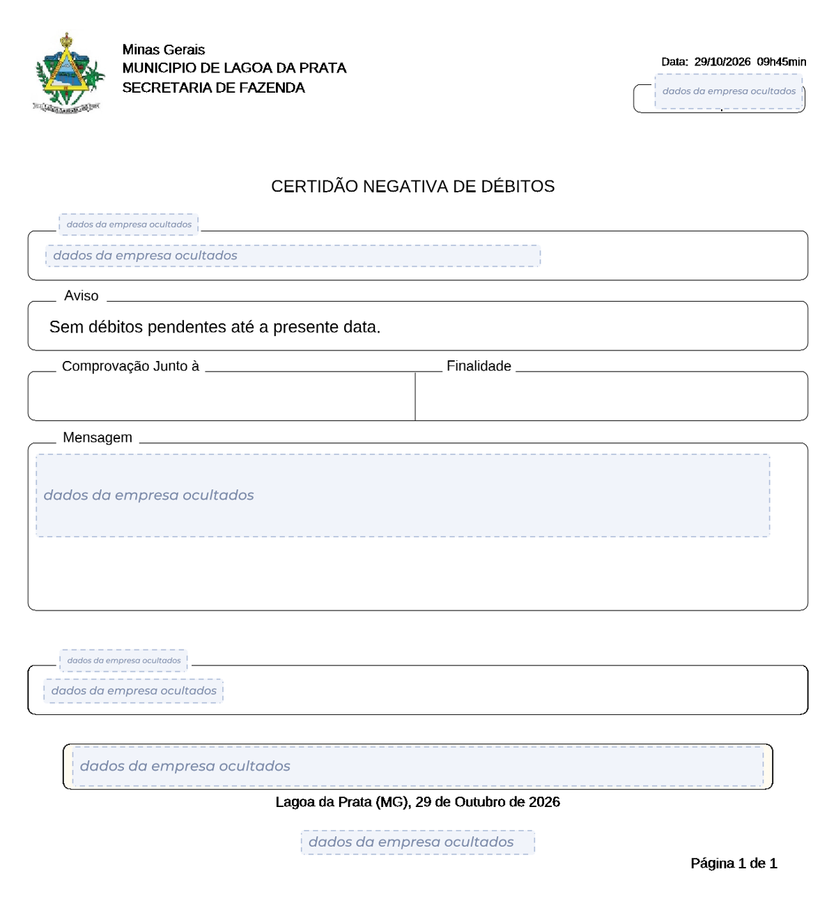 Modelo de Certidão Negativa de Débitos da Prefeitura de Lagoa da Prata, com os dados da empresa ocultados