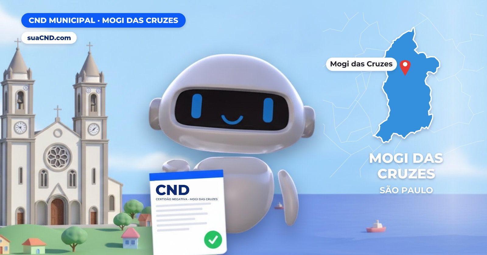 Mascote da suaCND segurando a CND Municipal de Mogi das Cruzes, com o mapa de Mogi das Cruzes e Catedral de Sant'Anna, igreja matriz de Mogi das Cruzes ao fundo