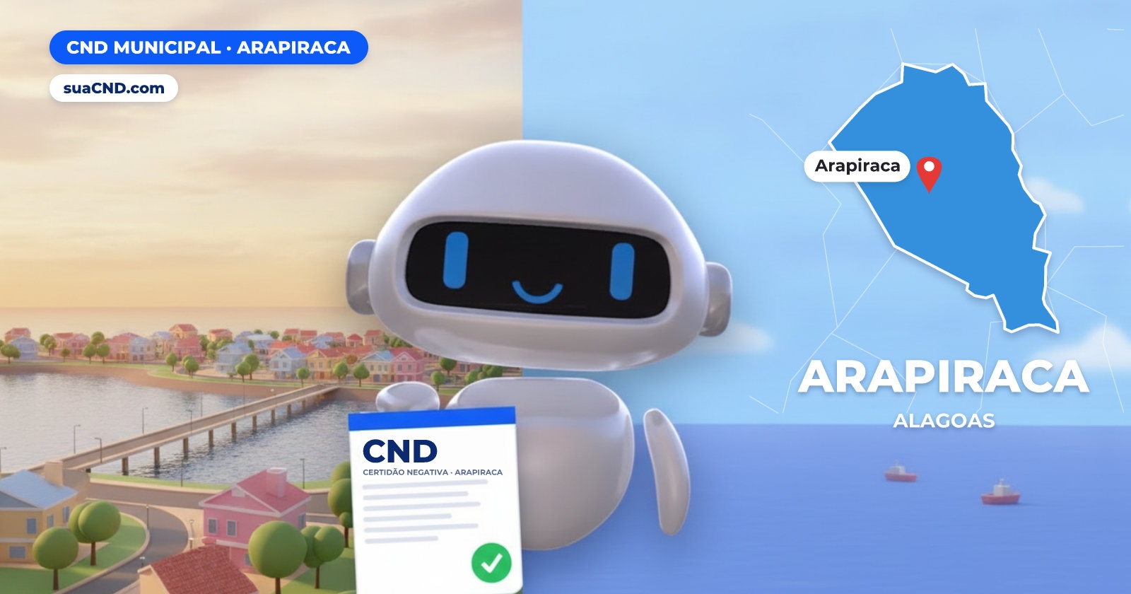 Mascote da suaCND segurando a CND Municipal de Arapiraca, com o mapa de Arapiraca e Lago da Perucaba, em Arapiraca (AL) ao fundo