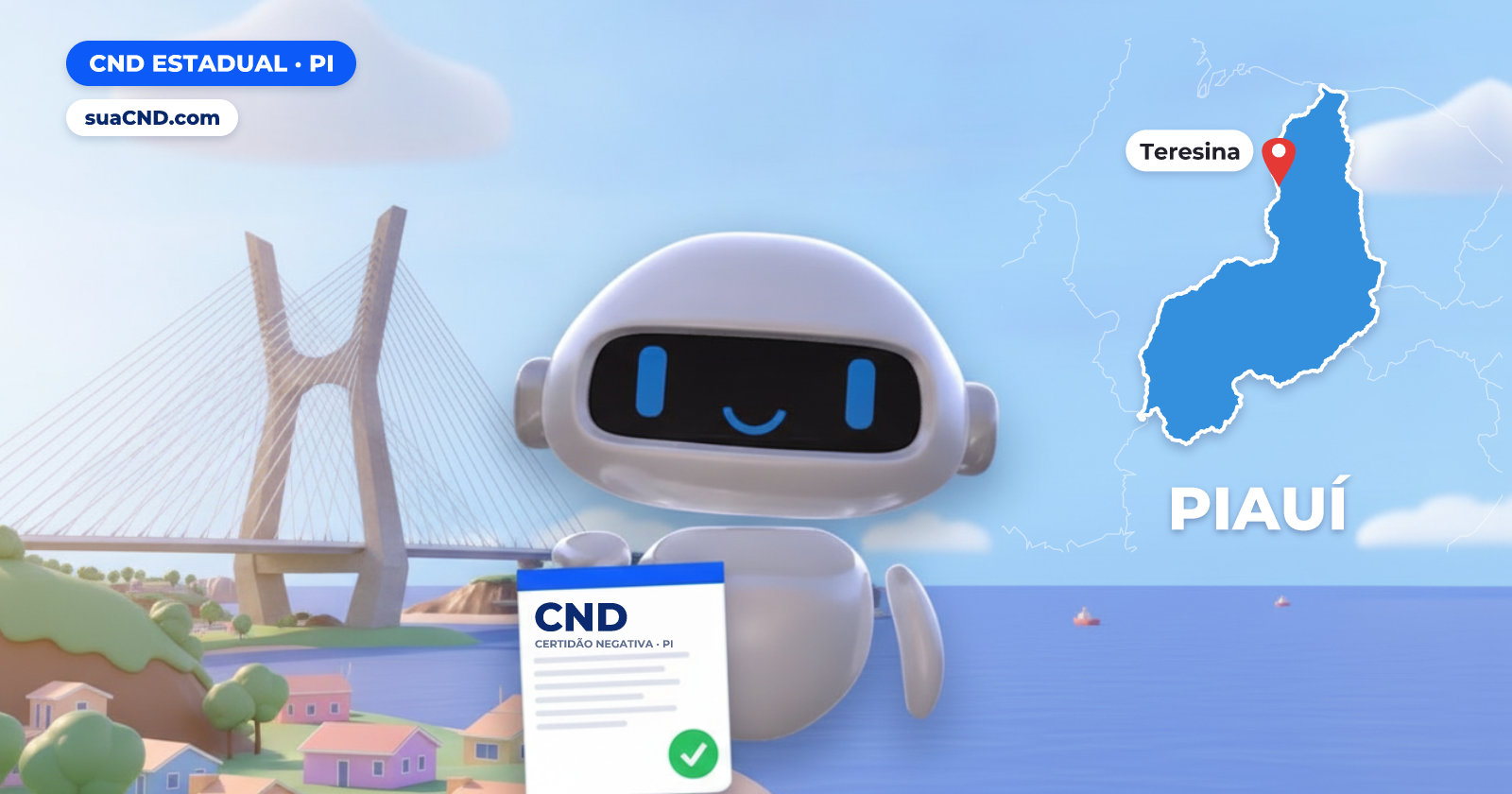 Mascote da suaCND segurando a CND Estadual, com o mapa do Piauí e Ponte Estaiada Mestre João Isidoro França, em Teresina ao fundo