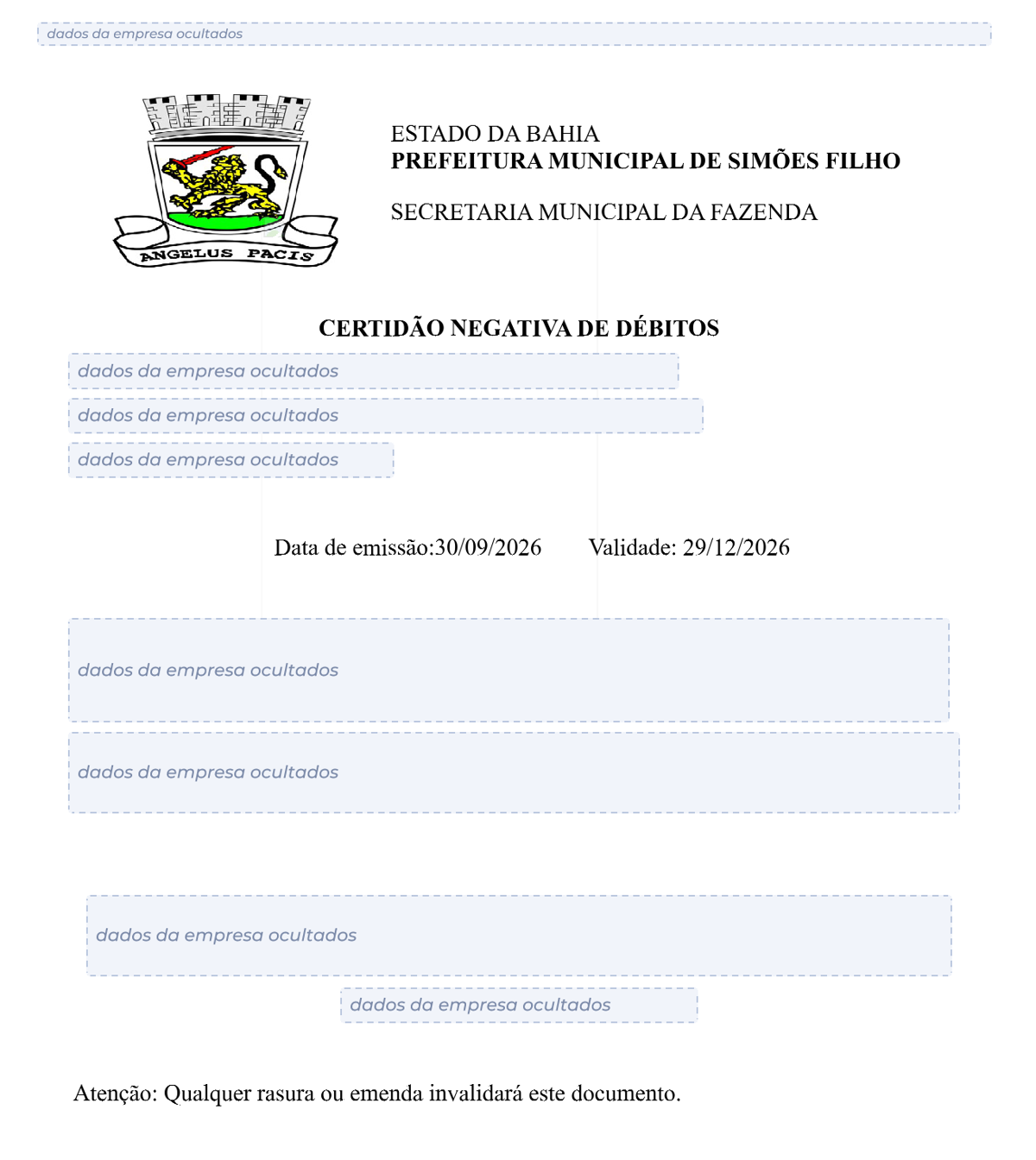Modelo de Certidão Negativa de Débitos da Prefeitura de Simões Filho, com os dados da empresa ocultados