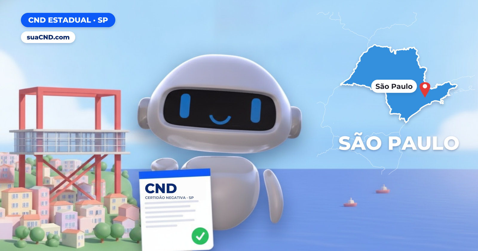 Mascote da suaCND segurando a CND Estadual, com o mapa de São Paulo e MASP, na Avenida Paulista ao fundo