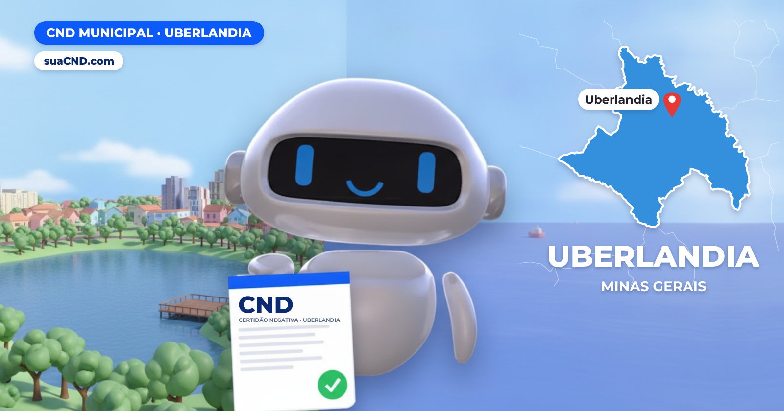 Mascote da suaCND segurando a CND Municipal de Uberlandia, com o mapa de Uberlandia e Parque do Sabiá, em Uberlândia (MG) ao fundo