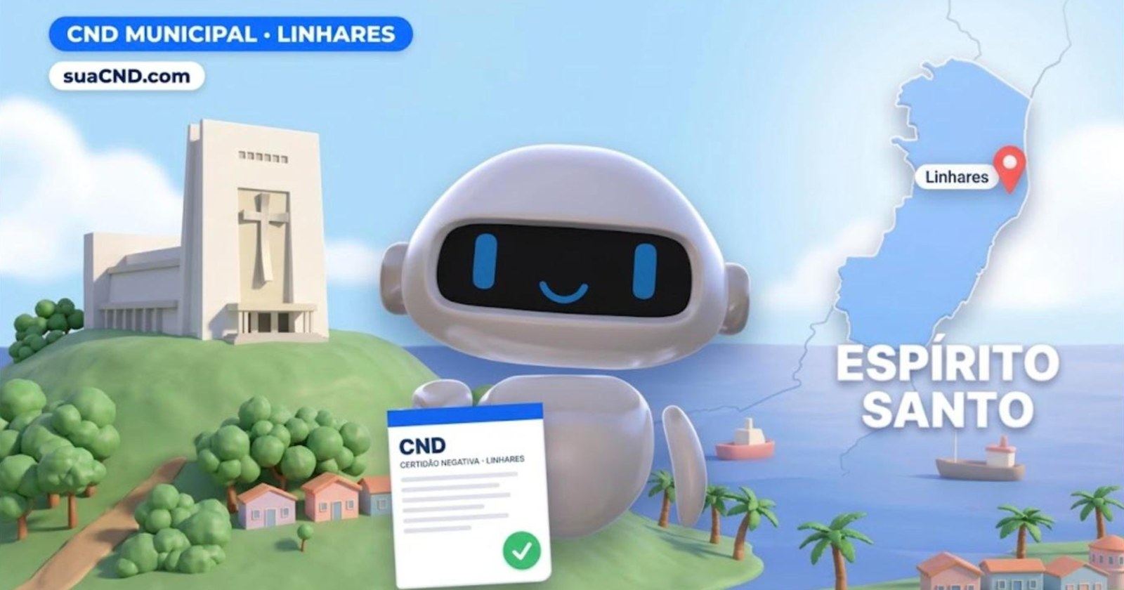 Mascote da suaCND segurando a CND municipal de Linhares, com o mapa do Espírito Santo ao fundo