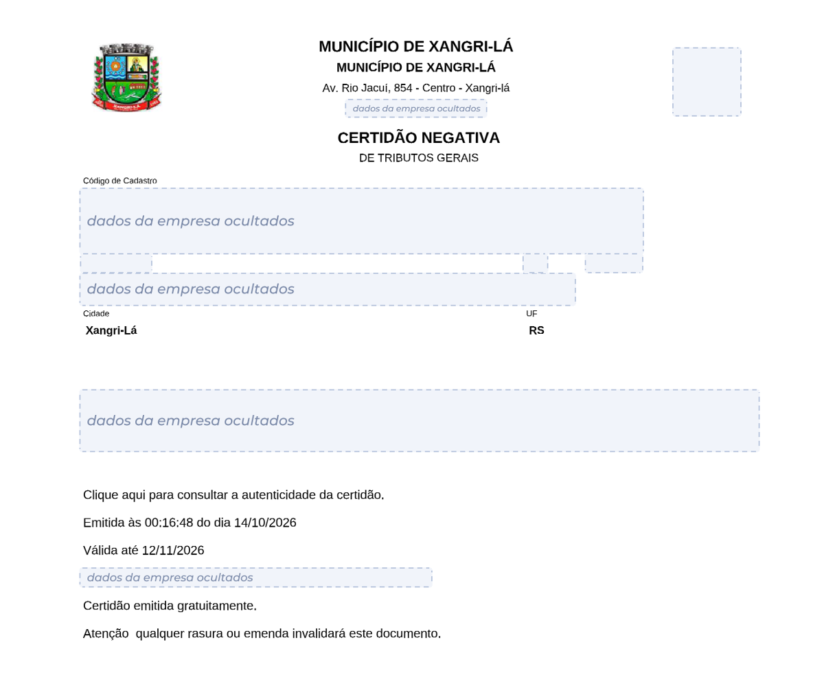 Modelo de Certidão Negativa de Débitos da Prefeitura de Xangri-lá, com os dados da empresa ocultados