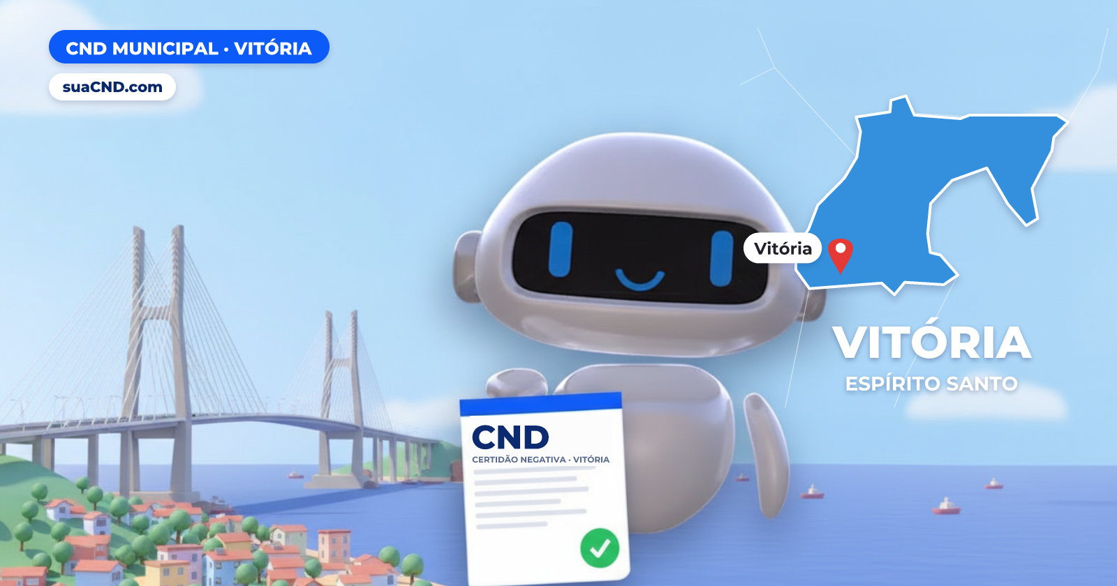 Mascote da suaCND segurando a CND Municipal de Vitória, com o mapa de Vitória e Terceira Ponte (Ponte Darcy Castello de Mendonça), em Vitória (ES) ao fundo