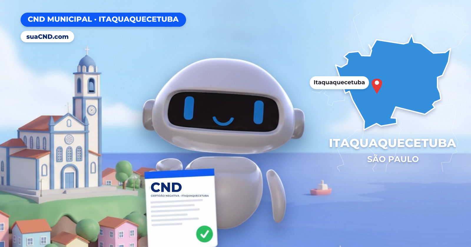 Mascote da suaCND segurando a CND Municipal de Itaquaquecetuba, com o mapa de Itaquaquecetuba e Igreja Matriz de Nossa Senhora d'Ajuda e Praça Padre João Álvares, em Itaquaquecetuba ao fundo