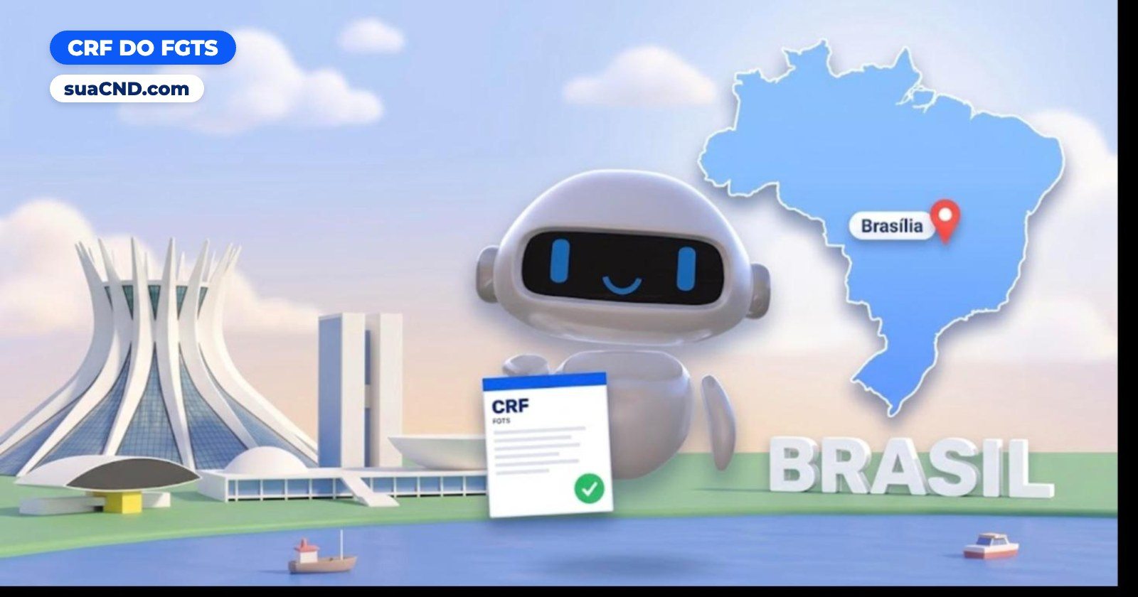 Mascote da suaCND segurando o CRF do FGTS, com o mapa do Brasil e a Catedral de Brasília ao fundo