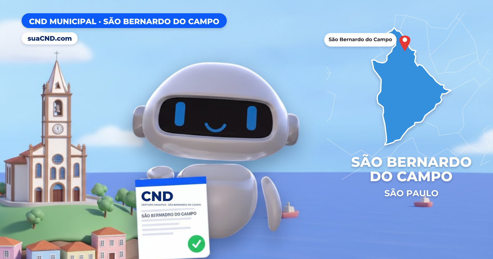 Mascote da suaCND segurando a CND Municipal de São Bernardo do Campo, com o mapa de São Bernardo do Campo e Igreja Matriz de Nossa Senhora da Boa Viagem, na Praça da Matriz ao fundo