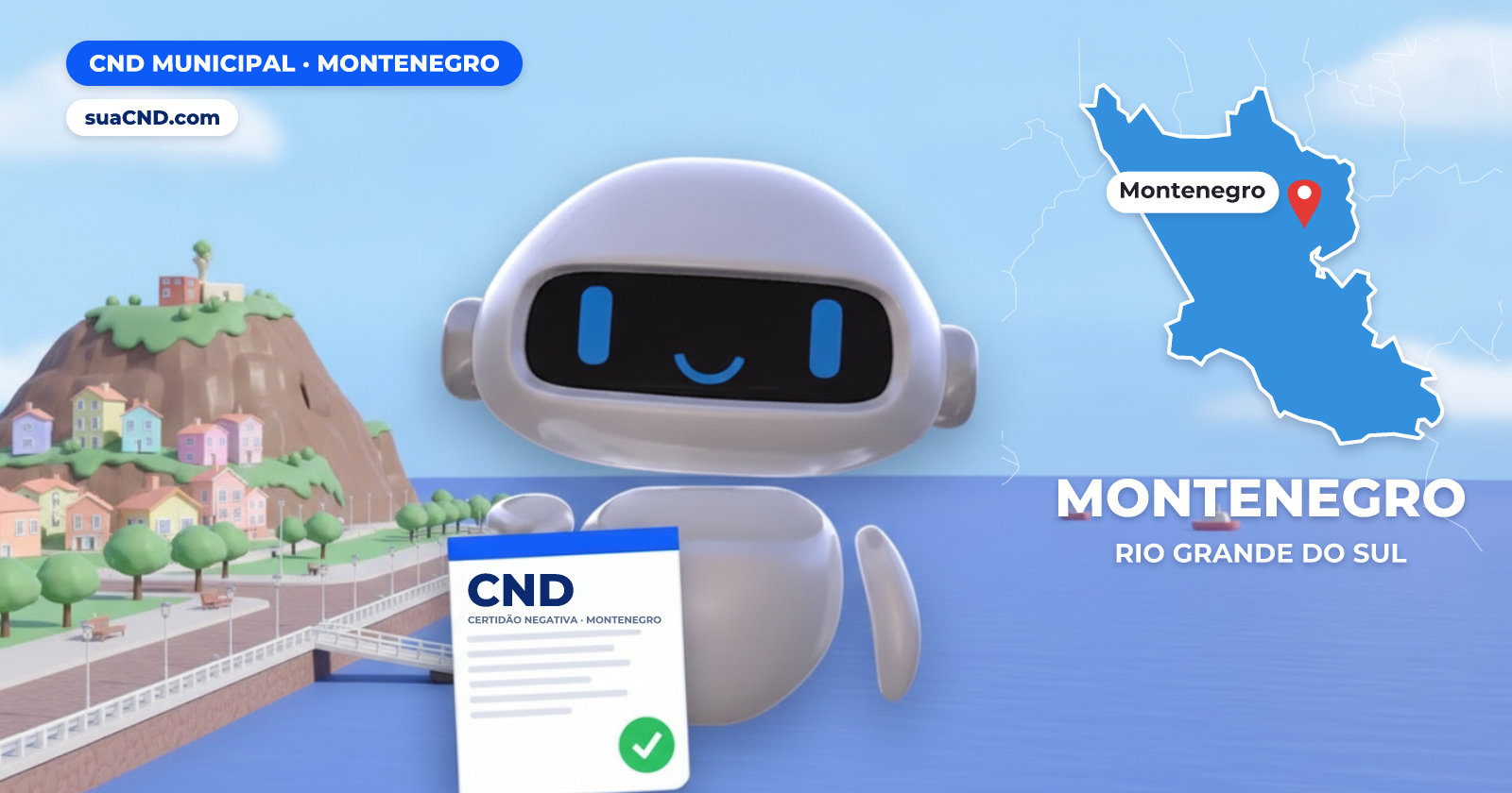 Mascote da suaCND segurando a CND Municipal de Montenegro, com o mapa de Montenegro e Cais do Porto e orla do Rio Caí ao fundo