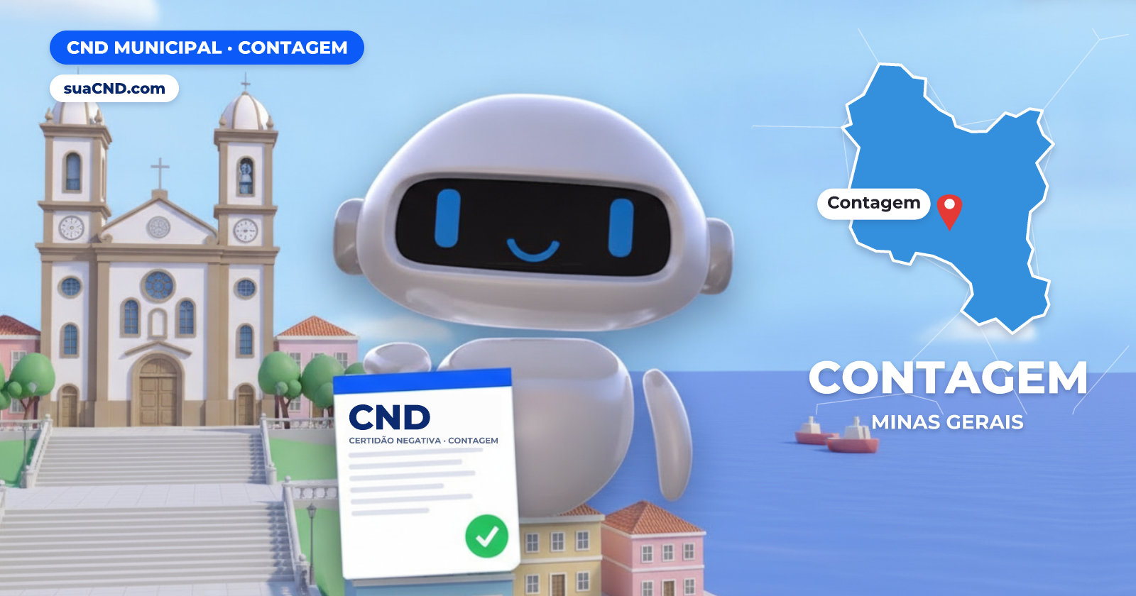 Mascote da suaCND segurando a CND Municipal de Contagem, com o mapa de Contagem e Igreja Matriz de São Gonçalo, em Contagem (MG) ao fundo