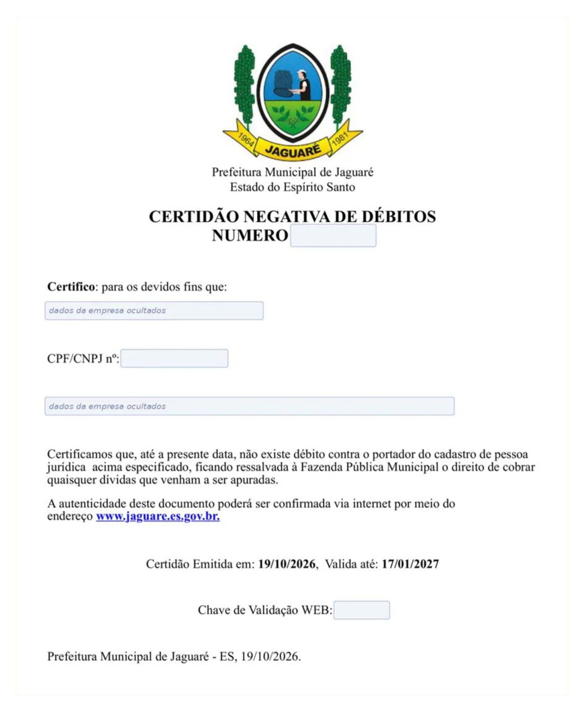 Modelo de Certidão Negativa de Débitos da Prefeitura de Jaguaré, com os dados da empresa ocultados