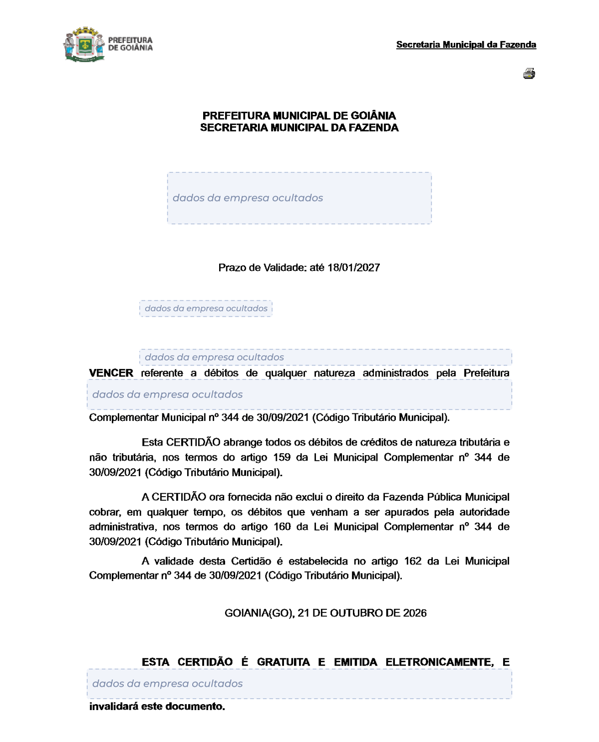 Modelo de Certidão Negativa de Débitos da Prefeitura de Goiânia, com os dados da empresa ocultados