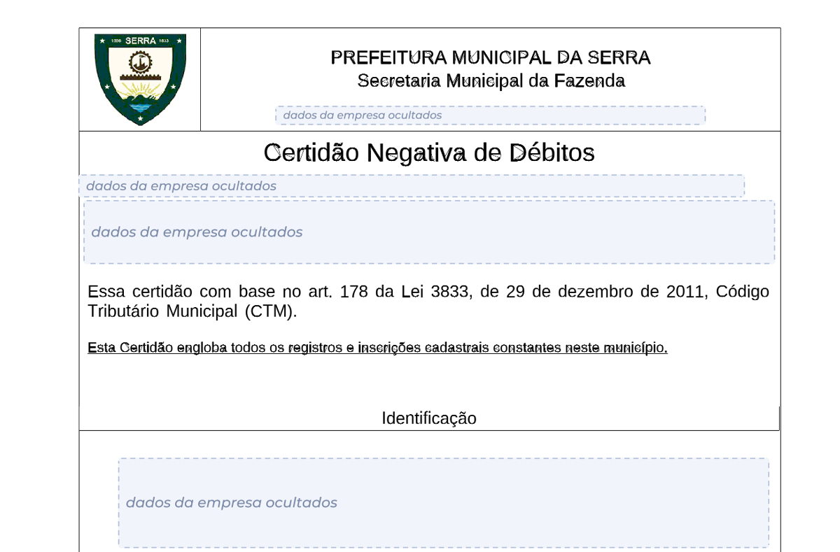 Modelo de Certidão Negativa de Débitos da Prefeitura de Serra, com os dados da empresa ocultados