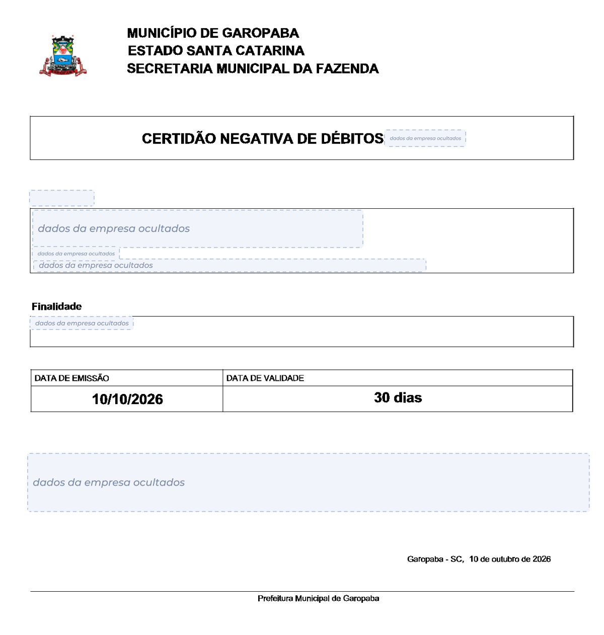 Modelo de Certidão Negativa de Débitos da Prefeitura de Garopaba, com os dados da empresa ocultados
