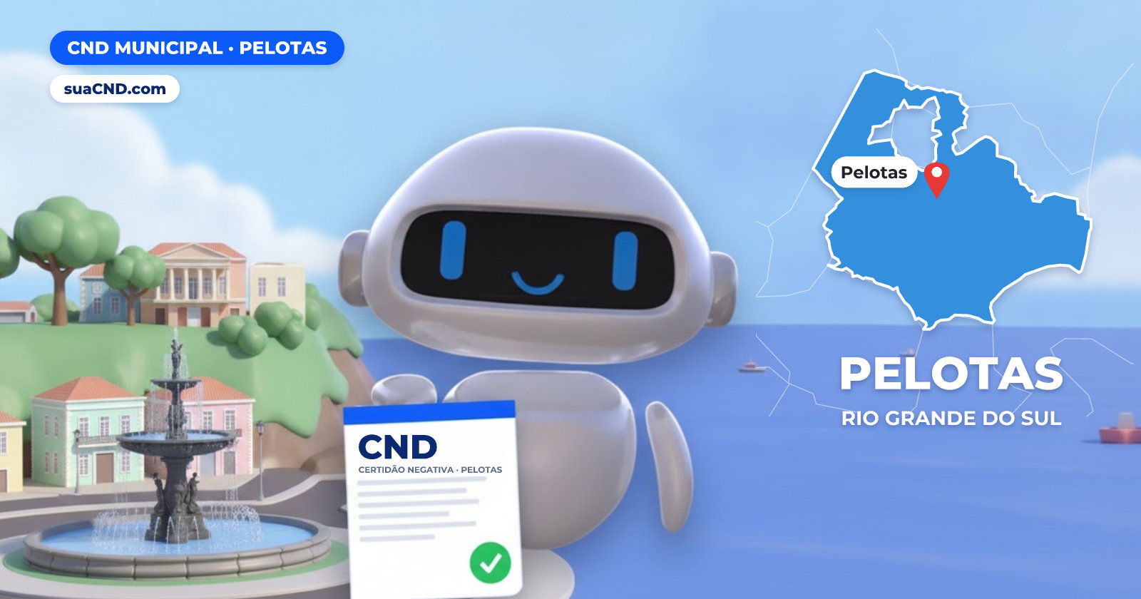 Mascote da suaCND segurando a CND Municipal de Pelotas, com o mapa de Pelotas e Fonte das Nereidas, na Praça Coronel Pedro Osório, em Pelotas ao fundo