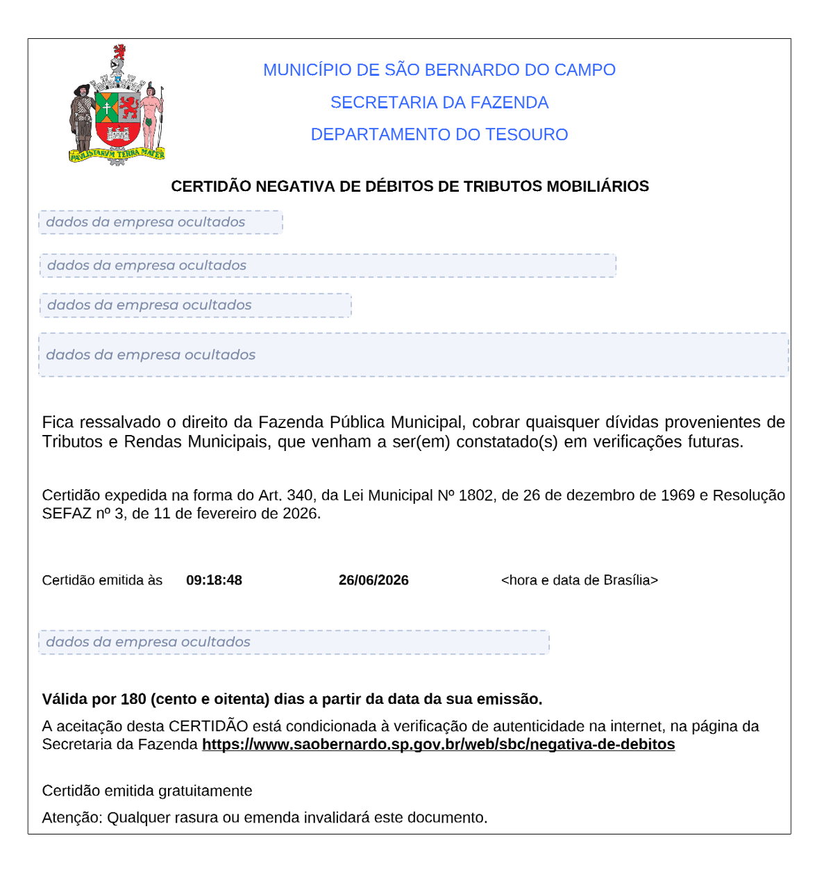 Modelo de Certidão Negativa de Débitos da Prefeitura de São Bernardo do Campo, com os dados da empresa ocultados