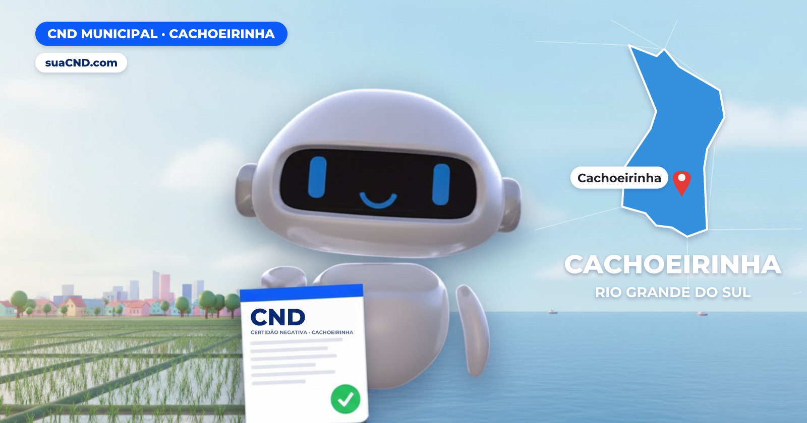 Mascote da suaCND segurando a CND Municipal de Cachoeirinha, com o mapa de Cachoeirinha e Lavoura de arroz, símbolo que aparece no brasão de Cachoeirinha ao fundo