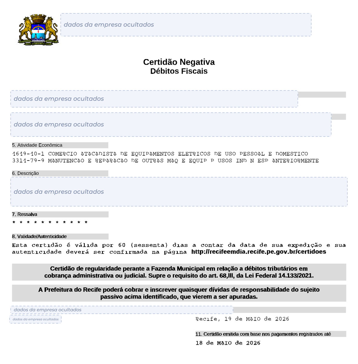 Modelo de Certidão Negativa de Débitos da Prefeitura de Recife, com os dados da empresa ocultados
