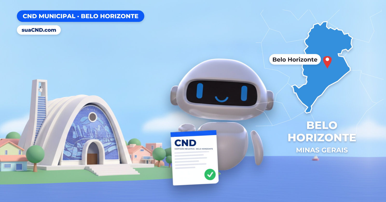 Mascote da suaCND segurando a CND Municipal de Belo Horizonte, com o mapa de Belo Horizonte e Igreja de São Francisco de Assis (Igrejinha da Pampulha), em Belo Horizonte ao fundo