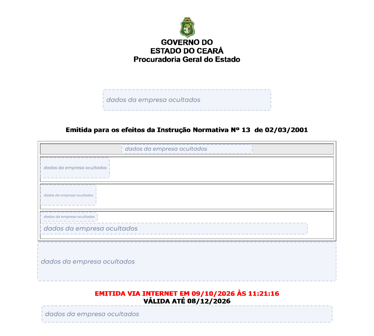 Modelo de Certidão Negativa de Débitos estaduais do Ceará, com os dados da empresa ocultados