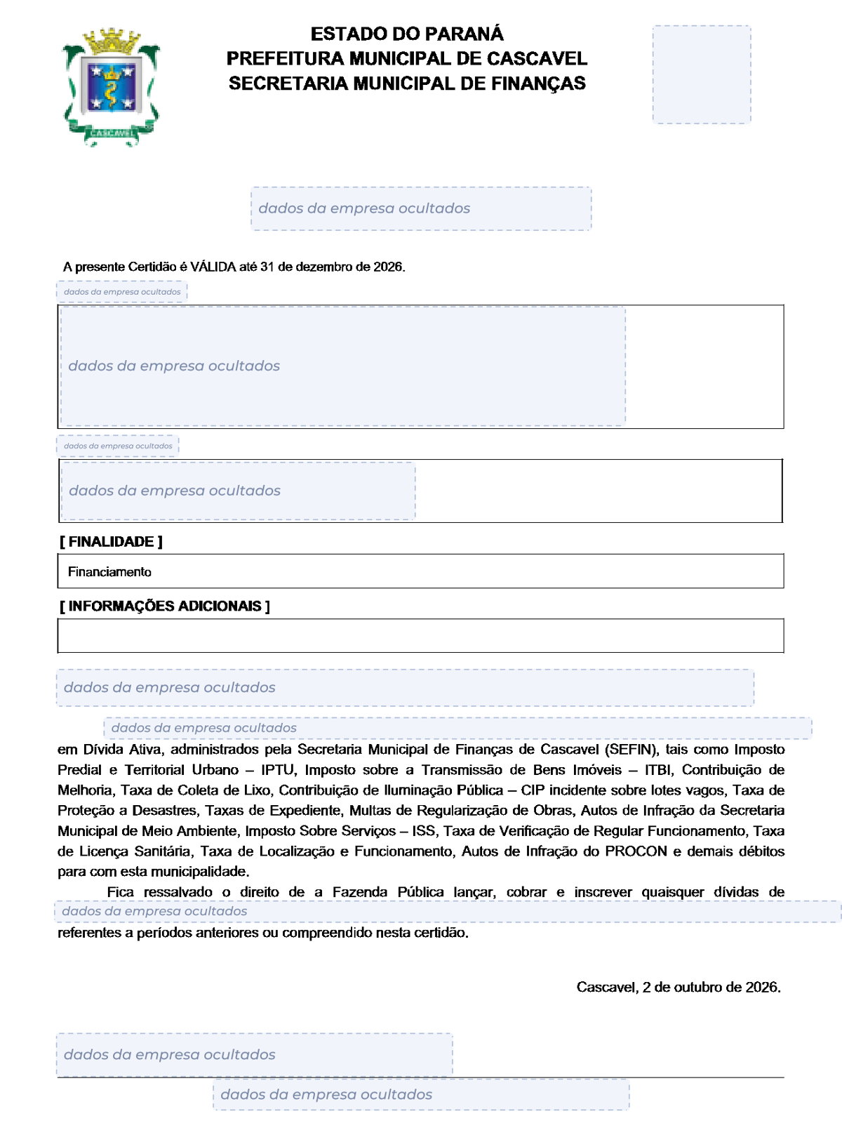 Modelo de Certidão Negativa de Débitos da Prefeitura de Cascavel, com os dados da empresa ocultados