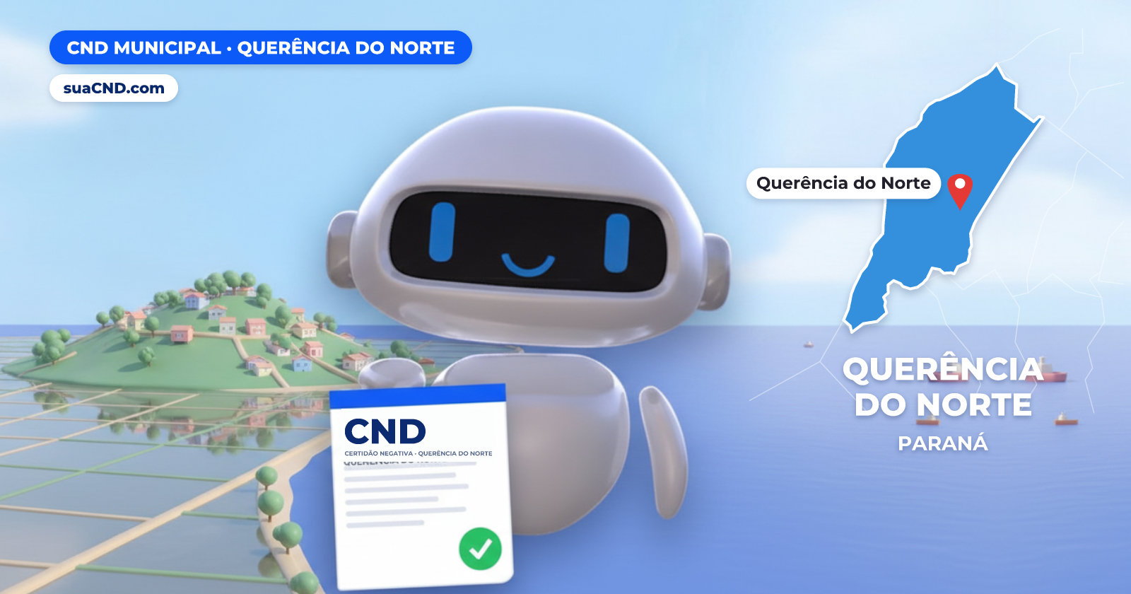 Mascote da suaCND segurando a CND Municipal de Querência do Norte, com o mapa de Querência do Norte e Lavouras de arroz irrigado, marca de Querência do Norte ao fundo
