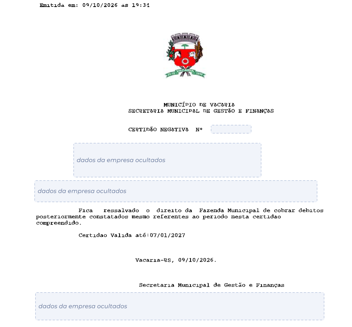 Modelo de Certidão Negativa de Débitos da Prefeitura de Vacaria, com os dados da empresa ocultados