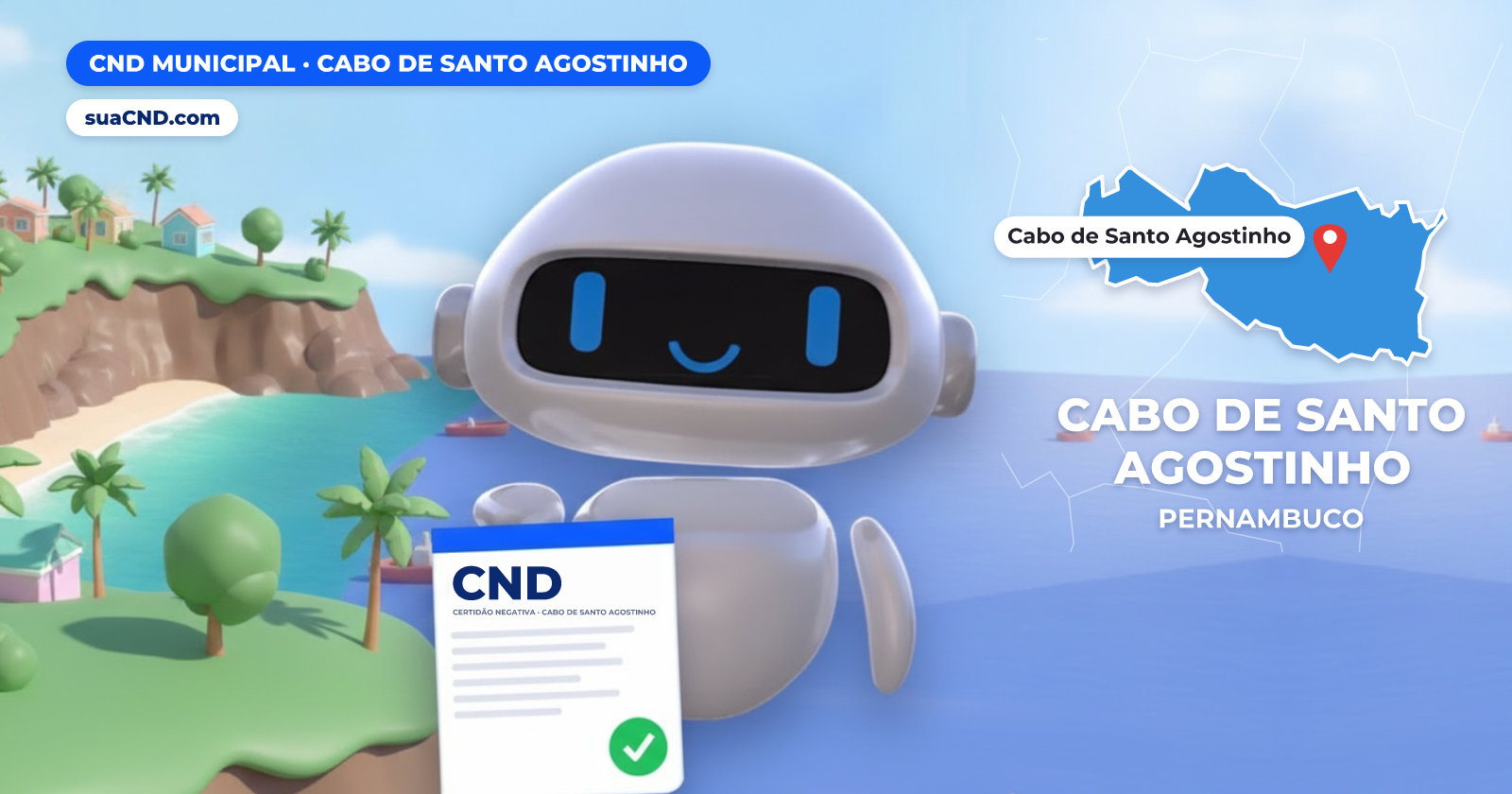 Mascote da suaCND segurando a CND Municipal de Cabo de Santo Agostinho, com o mapa de Cabo de Santo Agostinho e Praia de Calhetas ao fundo