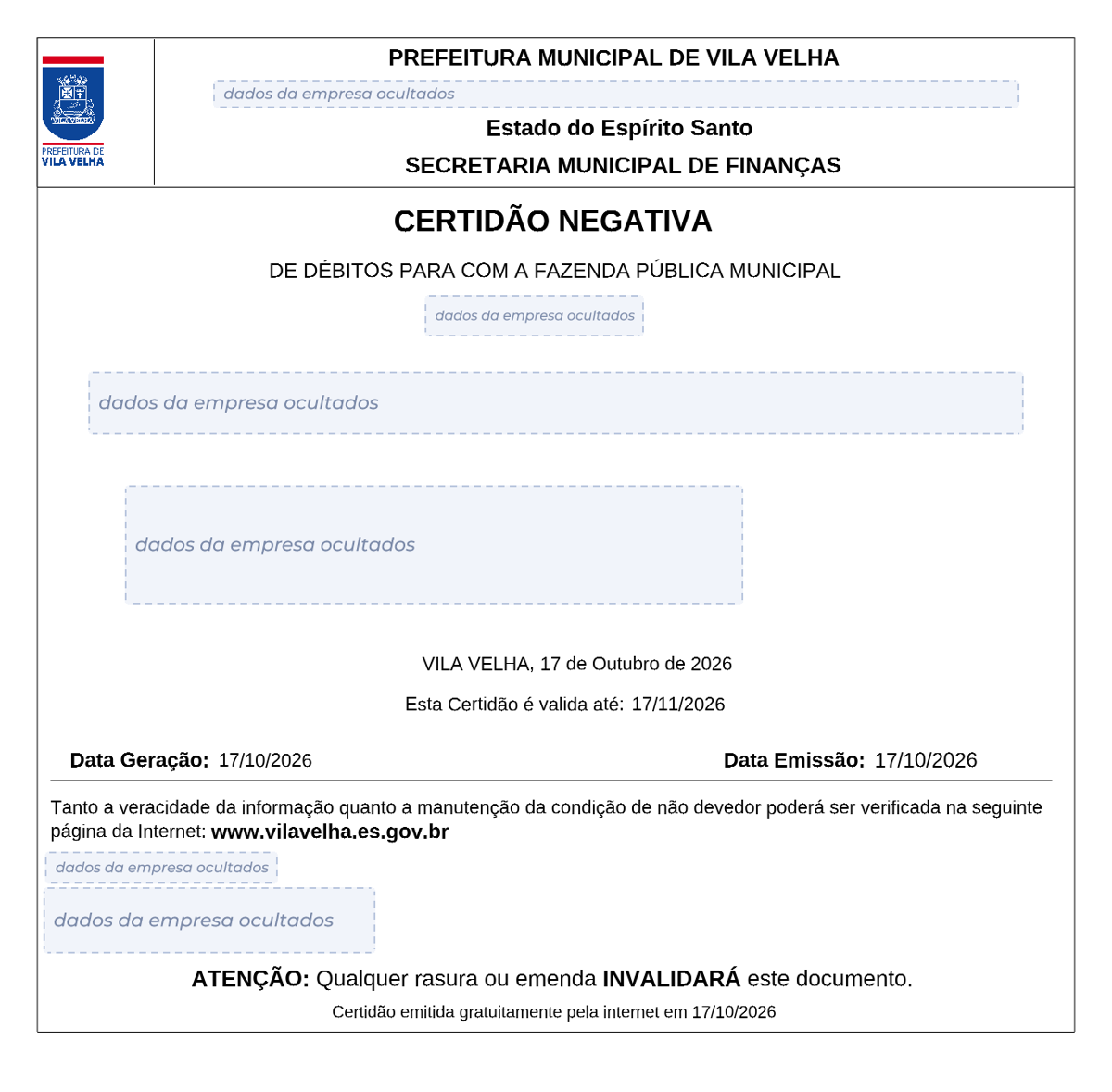 Modelo de Certidão Negativa de Débitos da Prefeitura de Vila Velha, com os dados da empresa ocultados