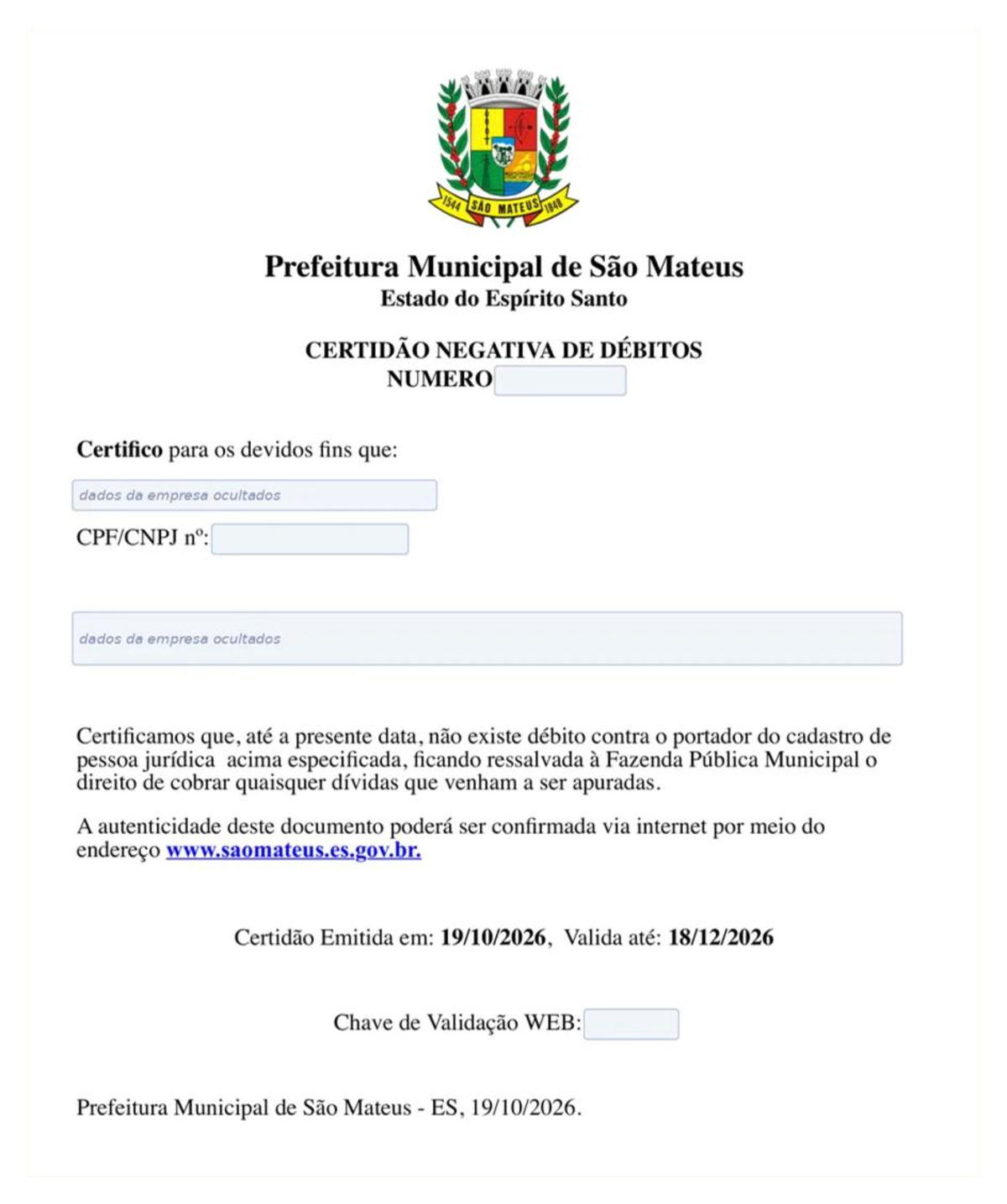 Modelo de Certidão Negativa de Débitos da Prefeitura de São Mateus, com os dados da empresa ocultados