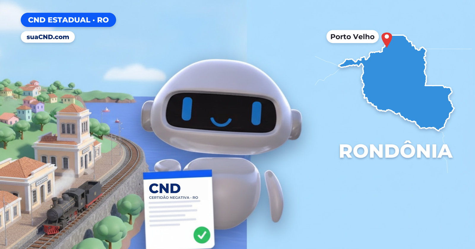 Mascote da suaCND segurando a CND Estadual, com o mapa de Rondônia e Complexo da Estrada de Ferro Madeira-Mamoré, em Porto Velho ao fundo
