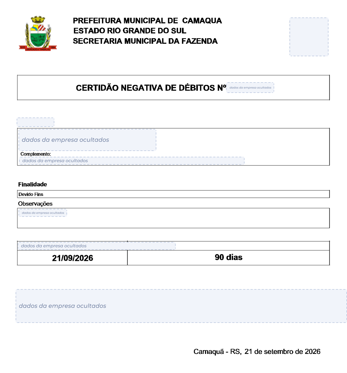 Modelo de Certidão Negativa de Débitos da Prefeitura de Camaquã, com os dados da empresa ocultados