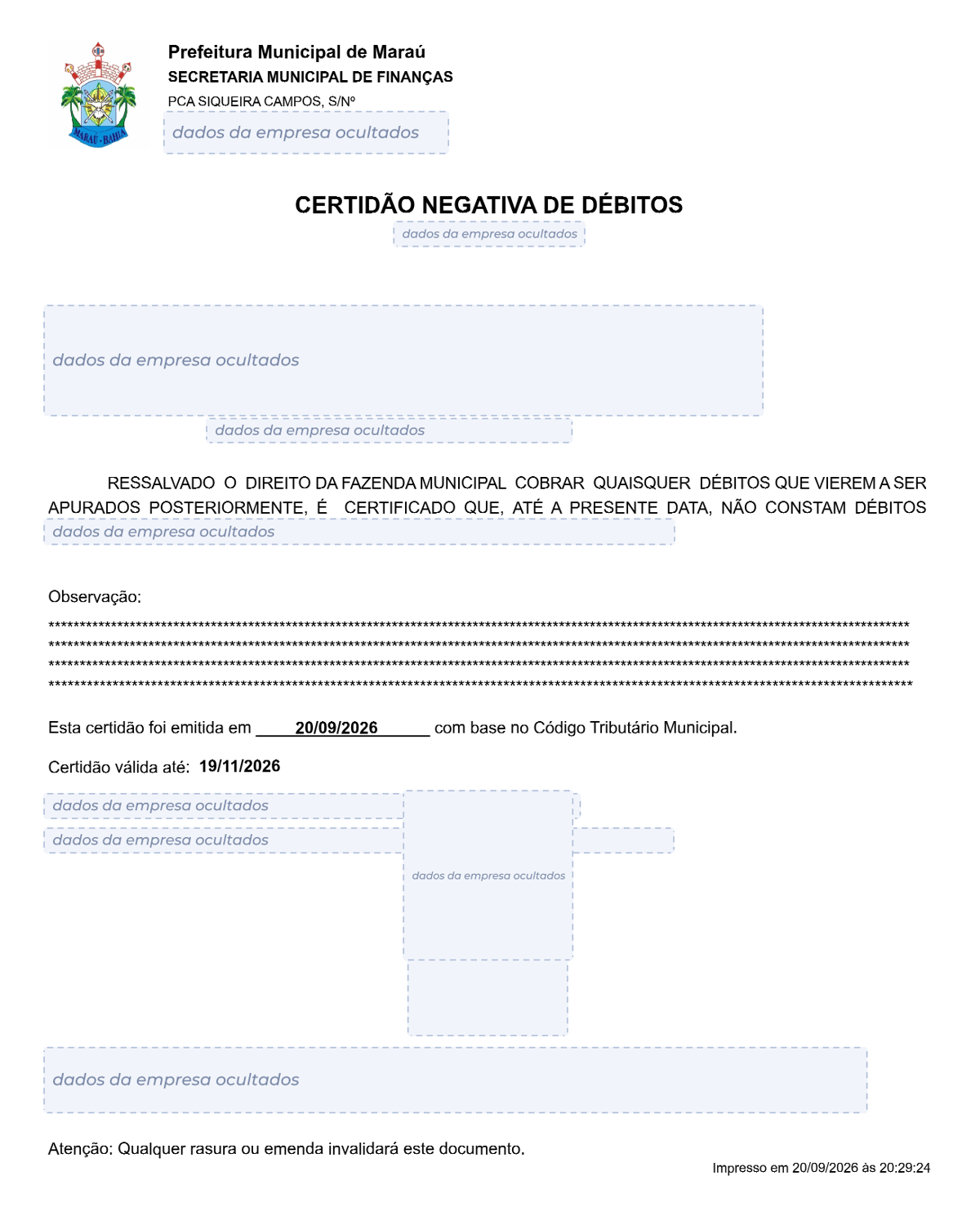 Modelo de Certidão Negativa de Débitos da Prefeitura de Maraú, com os dados da empresa ocultados