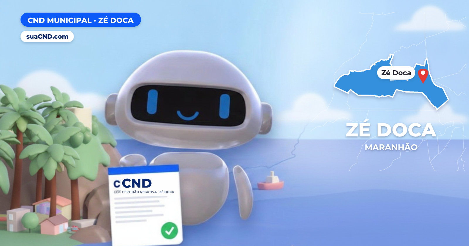 Mascote da suaCND segurando a CND Municipal de Zé Doca, com o mapa de Zé Doca e Palmeirais de babaçu na paisagem rural de Zé Doca, no interior do Maranhão ao fundo