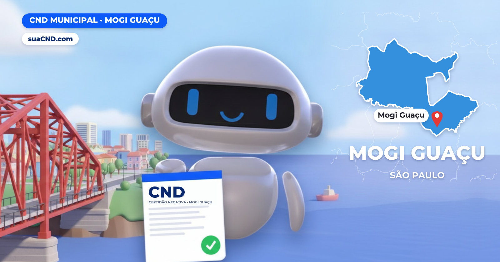 Mascote da suaCND segurando a CND Municipal de Mogi Guaçu, com o mapa de Mogi Guaçu e Ponte de Ferro sobre o Rio Mogi Guaçu ao fundo