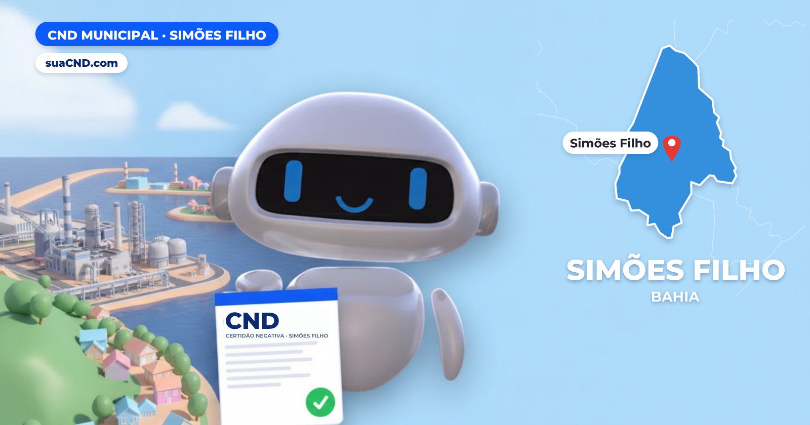Mascote da suaCND segurando a CND Municipal de Simões Filho, com o mapa de Simões Filho e Centro Industrial de Aratu (CIA) e a baía de Aratu ao fundo