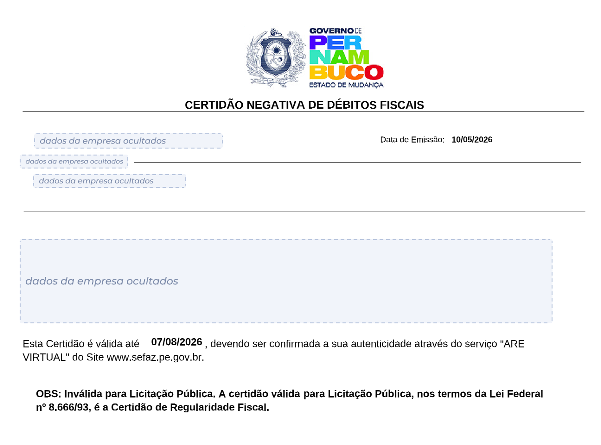 Modelo de Certidão Negativa de Débitos estaduais de Pernambuco, com os dados da empresa ocultados